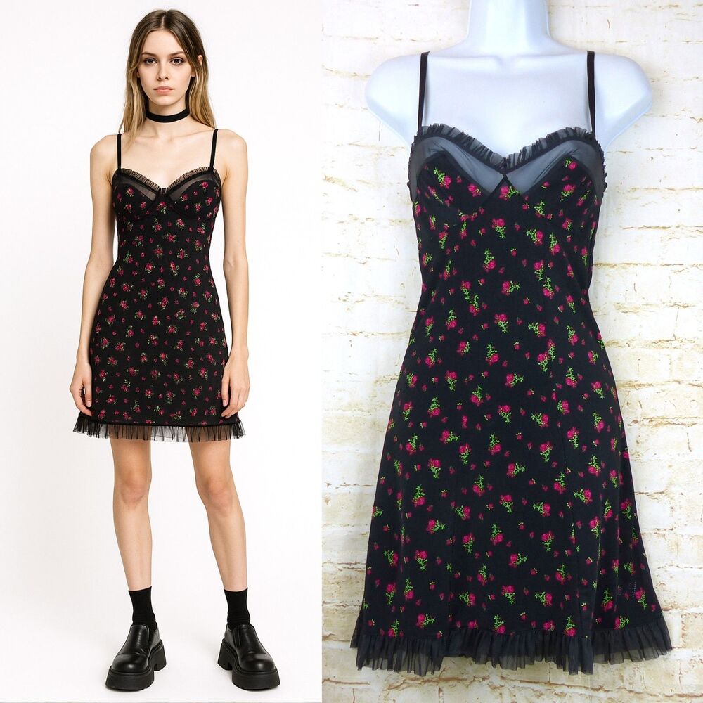VTG Victorias Secret Slip Dress S Black Roses Ruffles Sexy Little Thing Y2K 90s